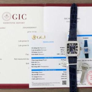 Cartier Santos Best Copies Watch Dial Blue Custom Diamonds Moissanite Hong Kong 39.8mm