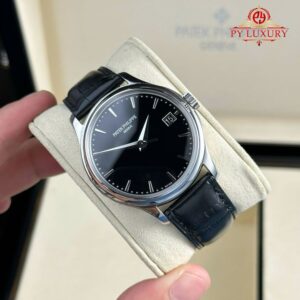 Patek Philippe Calatrava Black Dial Silver Case Leather Strap